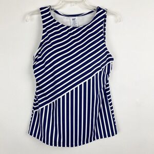 Lands' End High Neck Tankini Top Women 12 D Navy White Striped Soft Cup Bra